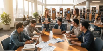 Students collaboratively reviewing FAFSA documents in a bright university library.