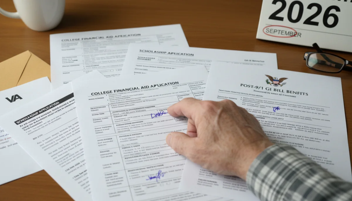 Veteran reviewing Post-9/11 GI Bill and financial aid documents for 2026 enrollment