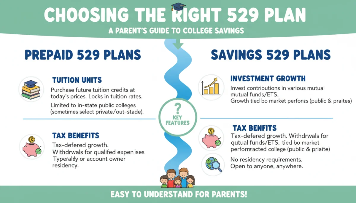 Infographic comparing different 529 college savings plan types and their benefits for families.