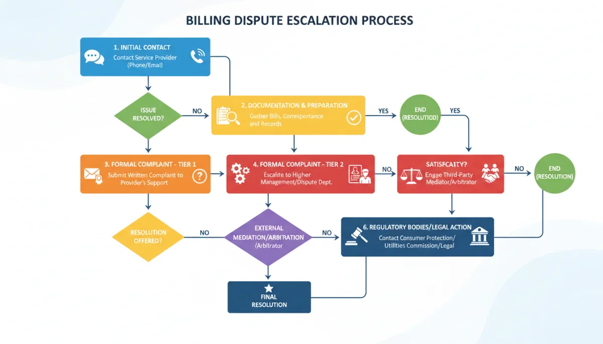 Flowchart detailing the process of escalating a billing dispute with US service providers for effective resolution.