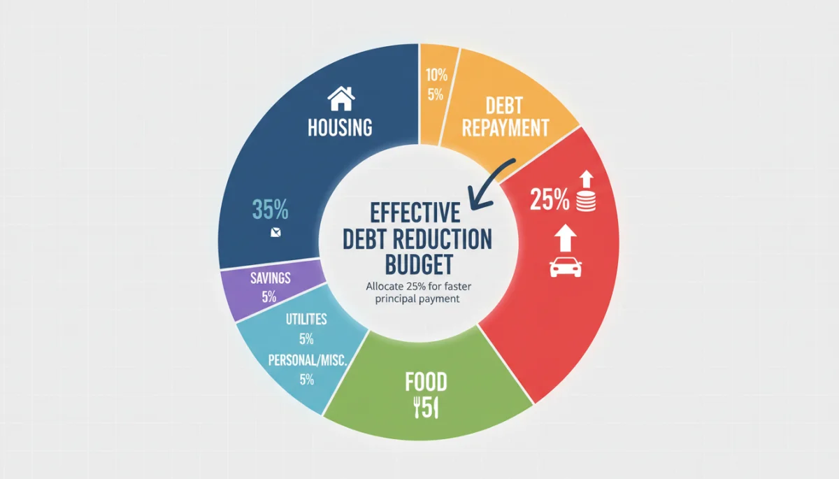 Budget pie chart showing allocation of funds for debt repayment and living expenses.