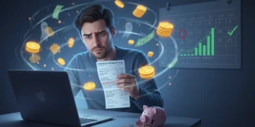 Person looking worried at credit card statement, planning debt repayment over 18 months.