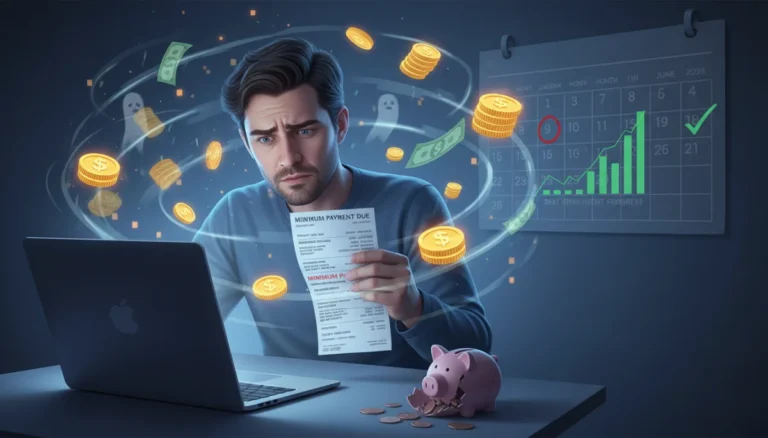 Person looking worried at credit card statement, planning debt repayment over 18 months.