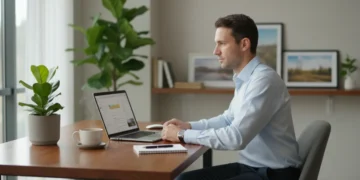 Professional working calmly at desk, avoiding burnout