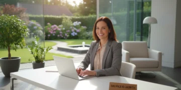 Woman working in home office with garden view, symbolizing work-life integration in the US