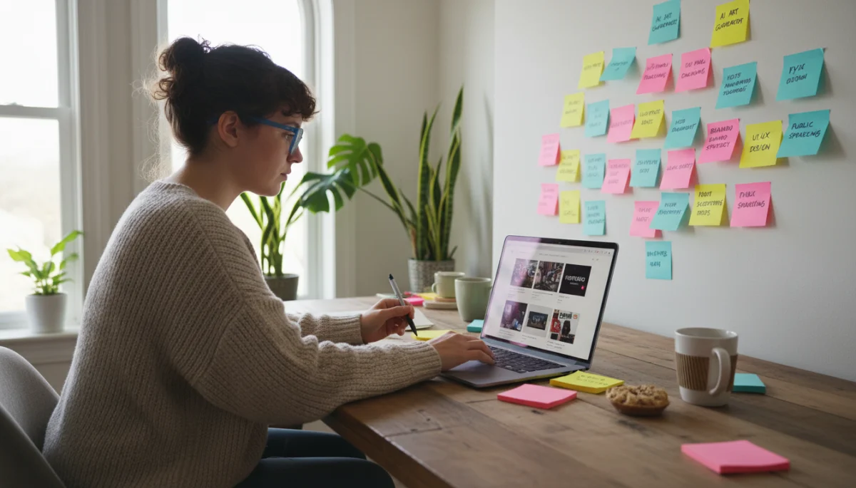 Person curating an online career portfolio with project ideas