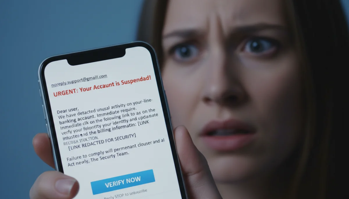Suspicious email or text message on a smartphone screen, illustrating digital scam attempts.