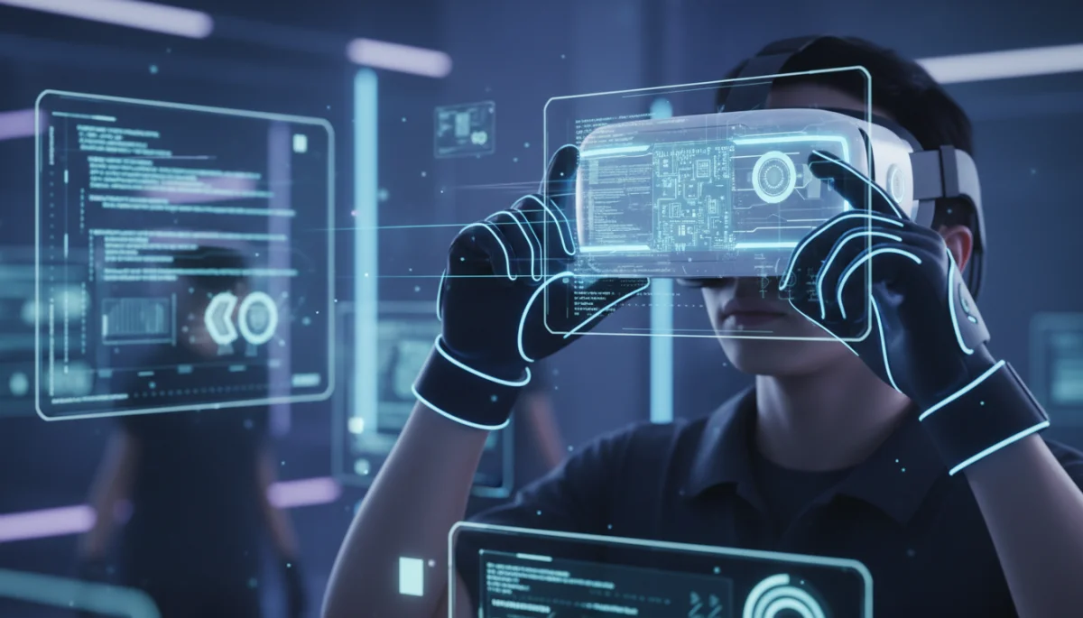 Hands using a virtual reality headset for immersive digital skills training.