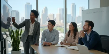 Experienced mentor guiding a young professional in a modern US office setting, symbolizing career growth.