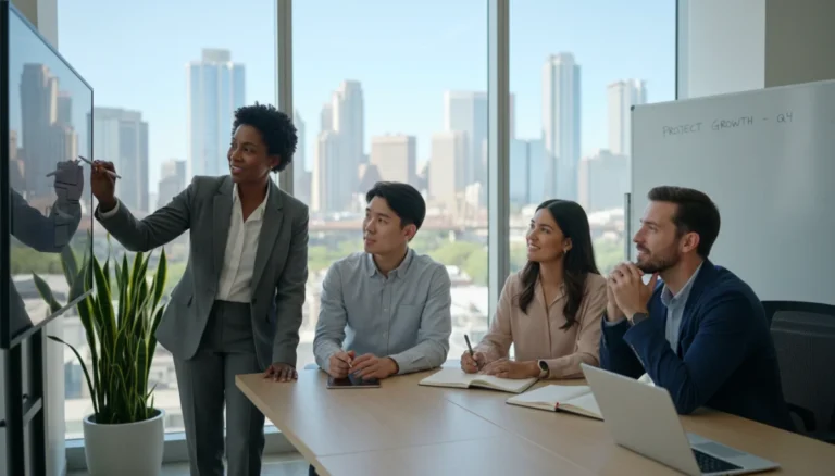 Experienced mentor guiding a young professional in a modern US office setting, symbolizing career growth.