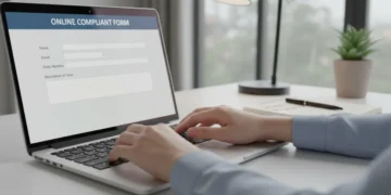 Person typing consumer complaint on laptop
